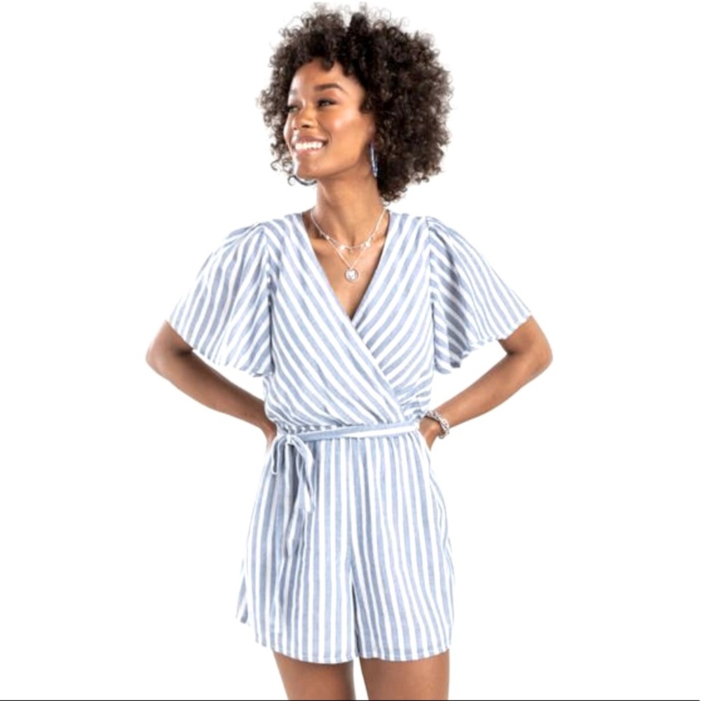 Francesca’s Romper XXS Blue White Stripe Devin Tie Front Flowy Sleeves Mi Ami